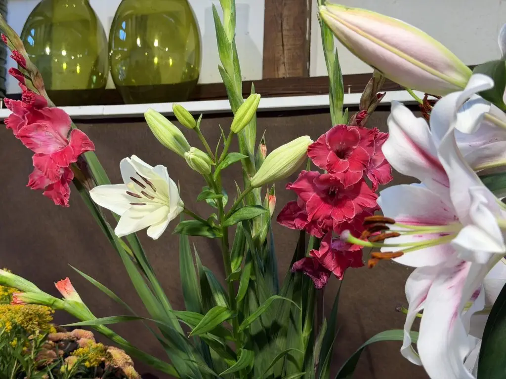 Weiße Lilien und rosa Gladiolen im Strauß