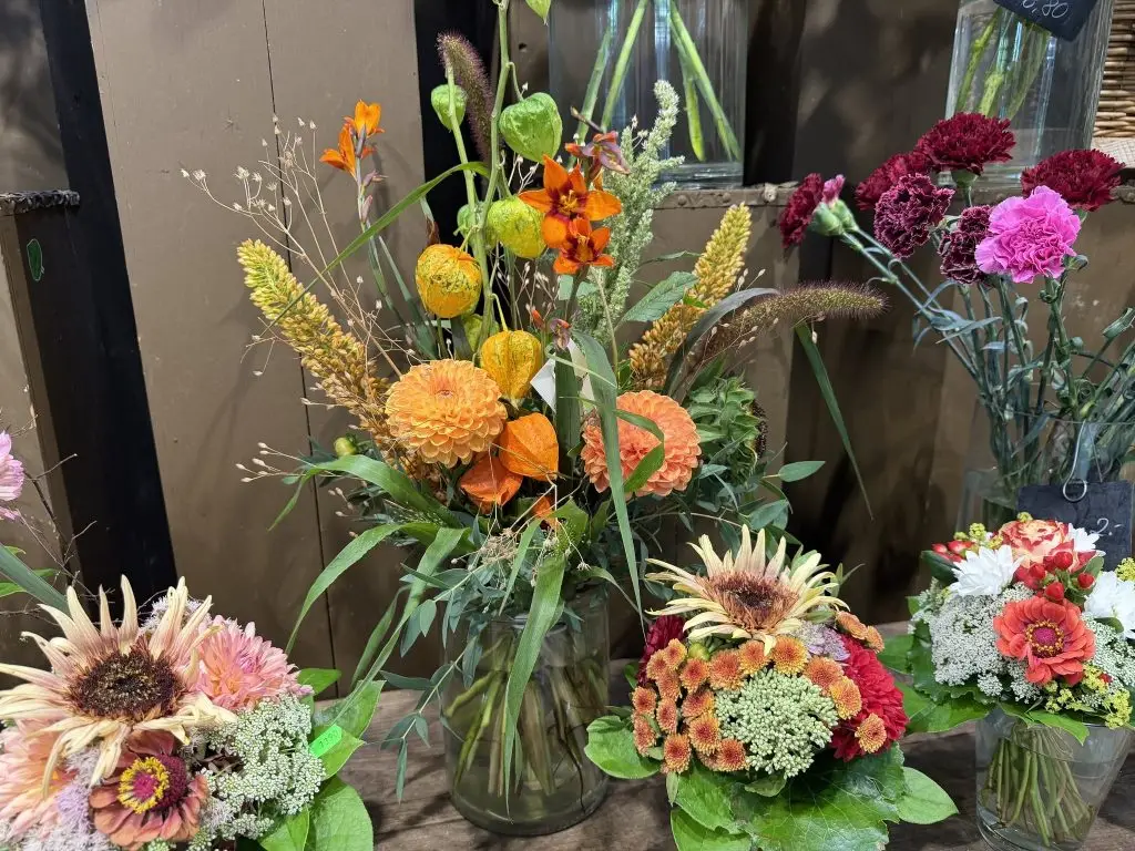 Bunte Blumensträuße mit orangefarbenen Dahlien und Physalis in Glasvasen